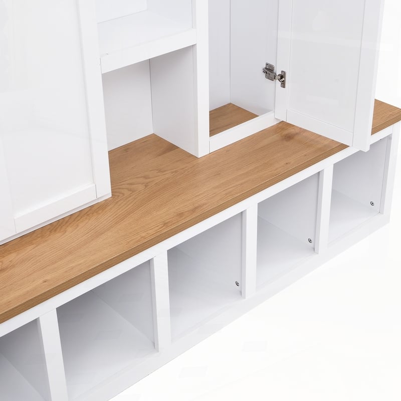 Farmhouse 4-in-1 Hall Tree with 6 Hanging Hooks, Mudroom Wood Grain Bench with Open Compartments