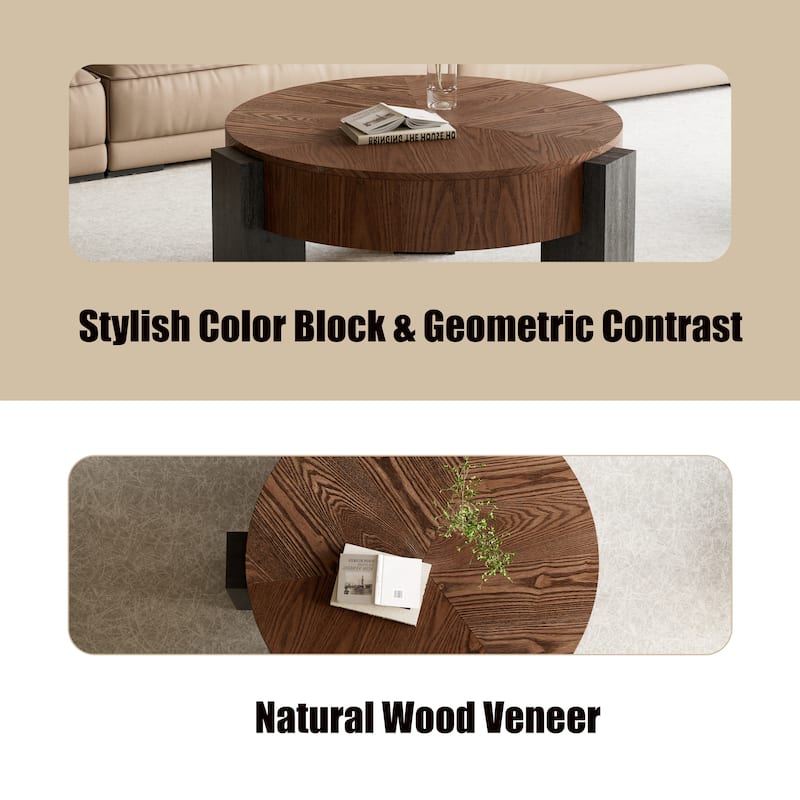 33" Modern Wabi-Sabi Wood Parquet Veneer Top Coffee Table with Hidden Storage