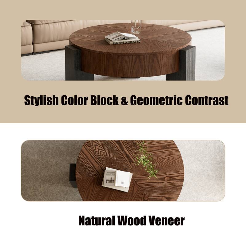33" Round Coffee Table with Hidden Storage, Parquet Veneer Top Table, 3 Block Legs Sturdy Center Accent Table for Living Room