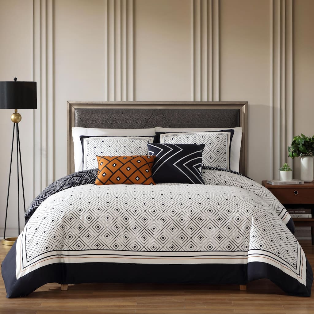 Bebejan Geometric Black & White 200 Thread Count 100% Cotton Sateen 5 Piece Reversible Comforter Set