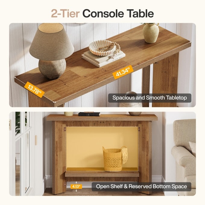 43" Narrow Sofa Console Table, 2-Tier Wooden Small Entryway Table