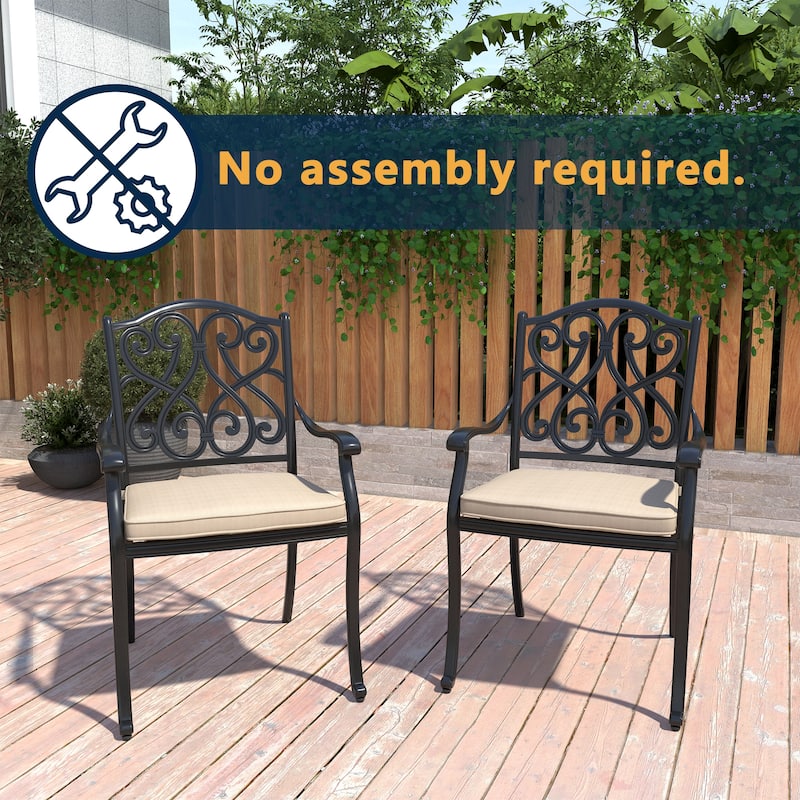 Patio Cast Aluminum Carved Dining Chairs with Cushions(Set of 4)