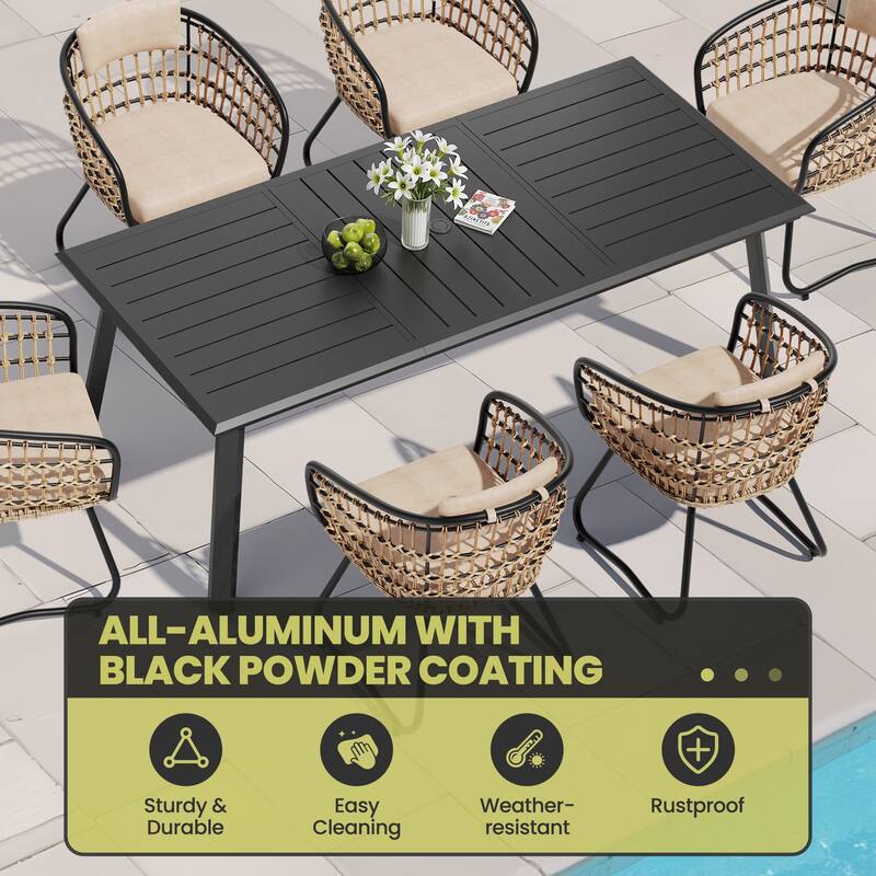 7/9/11-Piece Set Outdoor Aluminum Dining Table with Umbrella Hole and PE Rattan Chairs