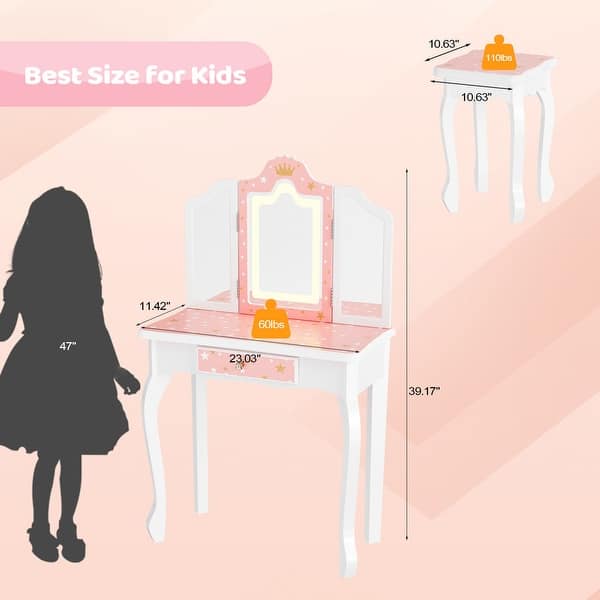 dimension image slide 4 of 6, Kids Vanity Set with Mirror Makeup Dressing Table with Drawer