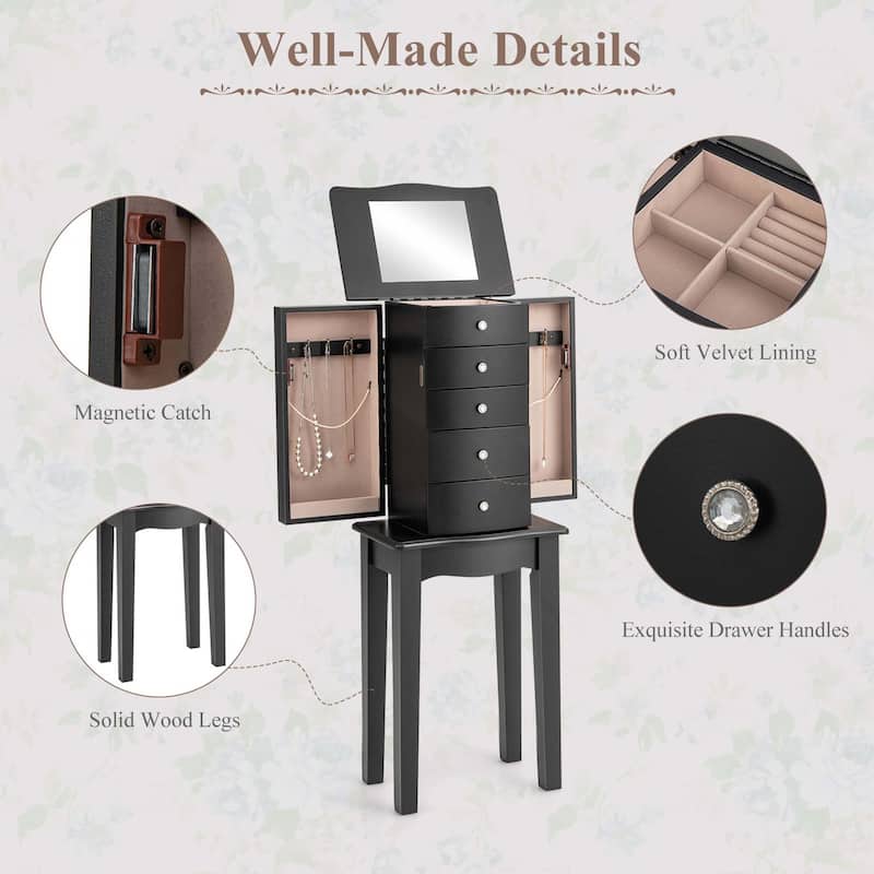 Gymax Jewelry Cabinet Armoire Storage Chest Stand Organizer Wood Box