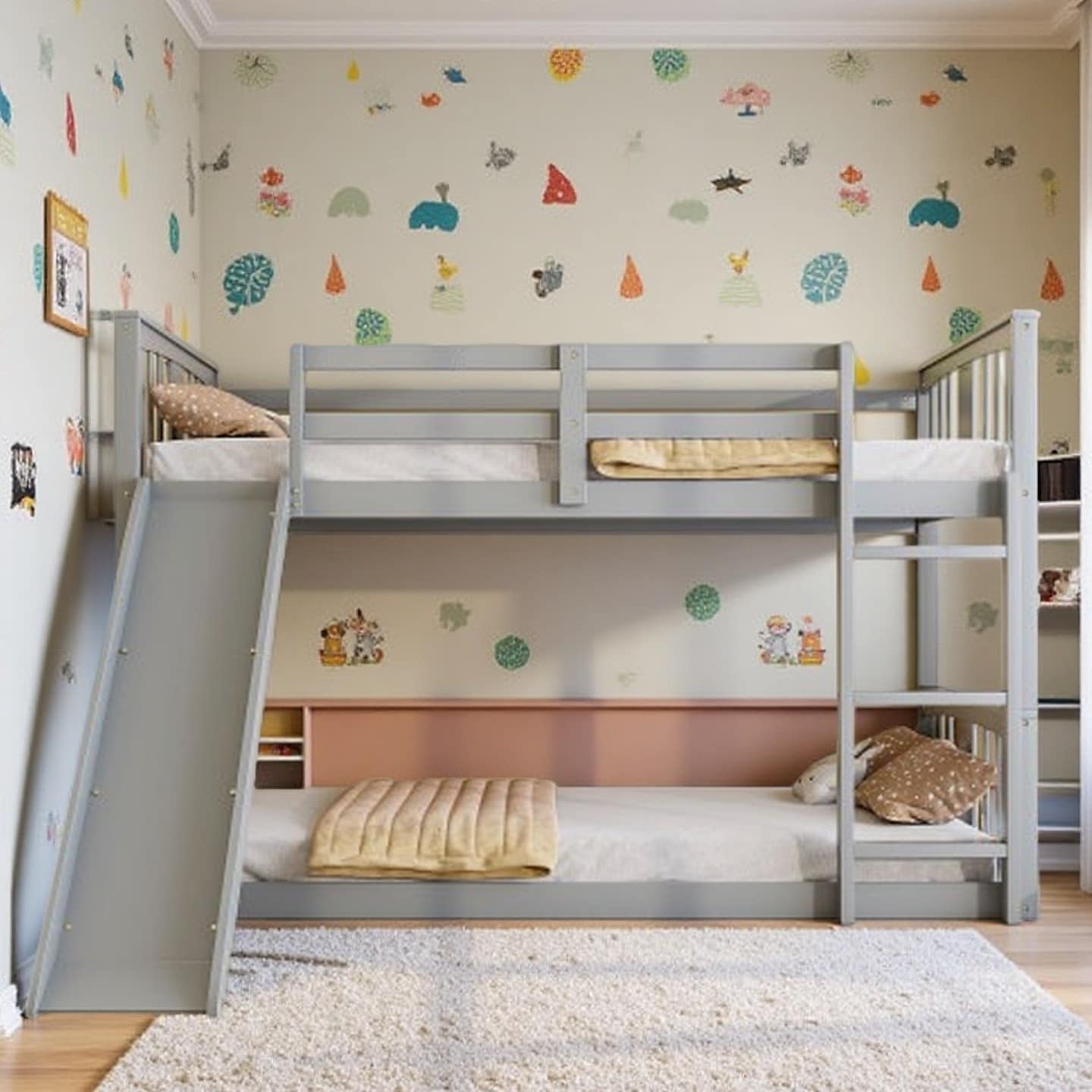 Twin Over Twin Bunk Bed with Slide and Ladder, White Pine Frame with Guardrails, Space-Saving Design