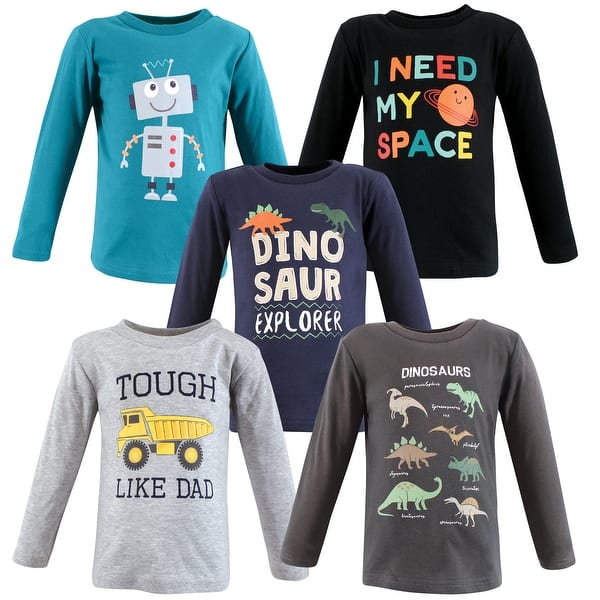 slide 1 of 1, Hudson Baby Infant Boy Long Sleeve T-Shirts, Dino Truck Robot 12-18 Months - Dino Truck Robot