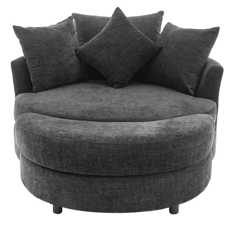 Roomfitters Modern 360° Swivel Barrel Chair with Hidden Storage Ottoman, Chenille Upholstery and Four Pillows