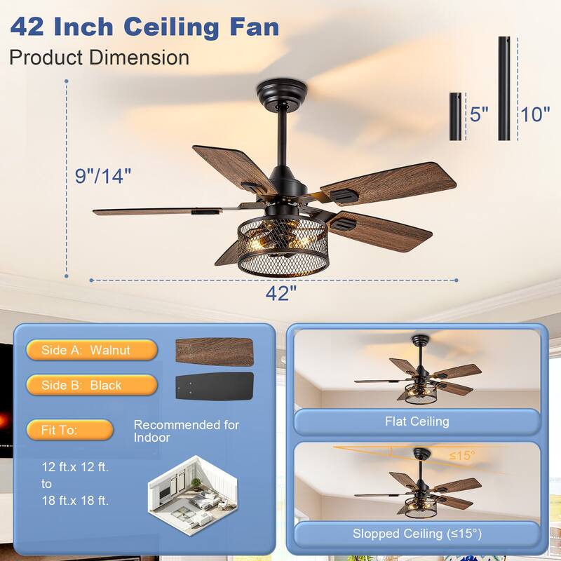42-52Inch Caged Ceiling Fans with Lights: Dual Finish 5 Blades - Rustic with Remote Control (E26 Bulb Included)