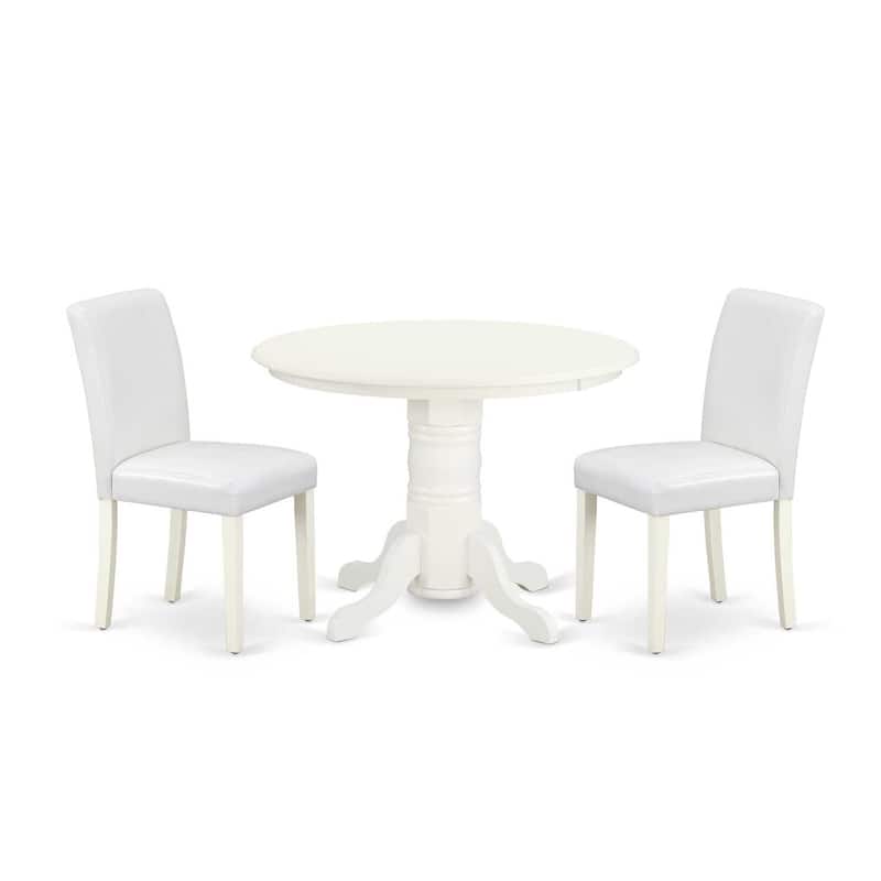 Round Dining Table Set 3pc - 42 Inch Table & 2 Parsons Chairs - White PU Leather & Linen Legs