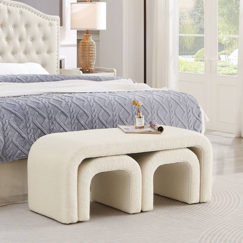 3-Piece End of Bed Bench Set with 2 Small Benches, Teddy Ottoman Bench Sofa Footrest for Entryway, Living Room
