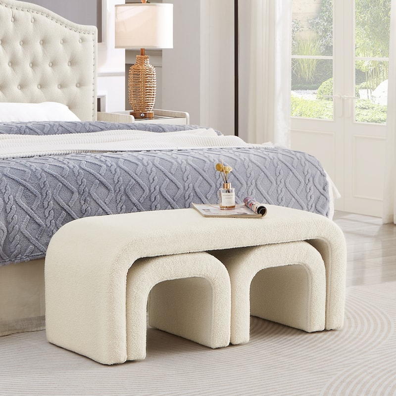 Set of 3 U-Shaped Modern Bench Teddy Ottoman Bench for Entryway, Bedroom End of Bed, Set of 3 Small Sofa Footrest Extra Seating