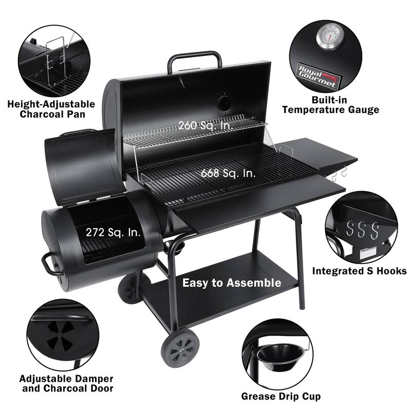 Royal Gourmet Charcoal Barrel Grill with Offset Smoker, Black