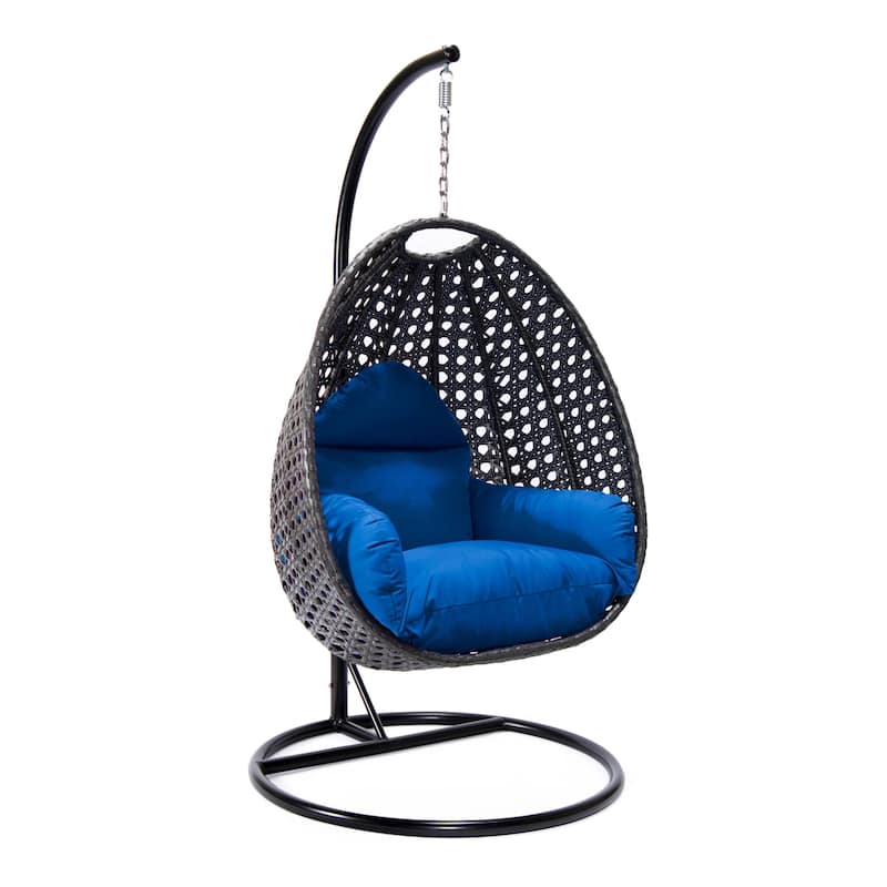 LeisureMod Charcoal Single Seater Rattan Wicker Egg Swing Hanging Chair for Indoor Outdoor Patio Porch Backyard Garden - Blue