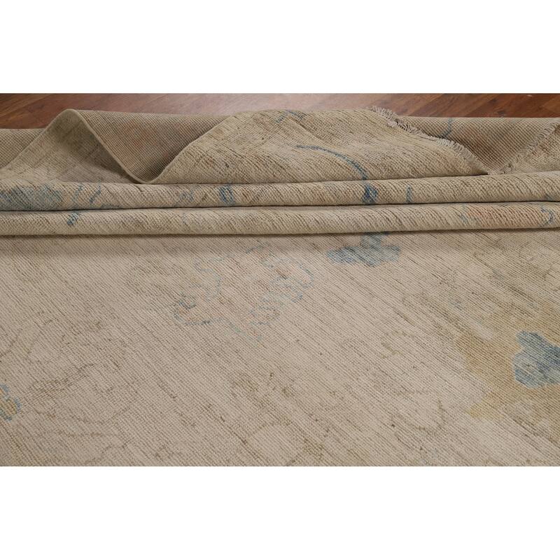 Hand Knotted Oriental 100% Wool Carpet Transitional All-Over Beige & Ivories Oushak Area Rug - 12' 0'' X 9' 0''