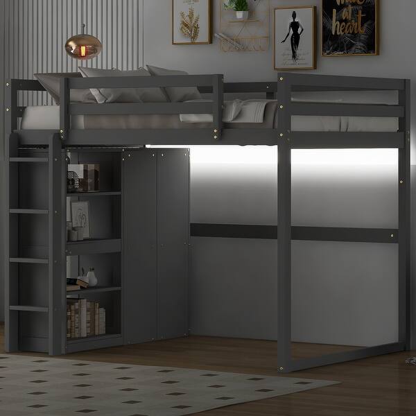 slide 2 of 27, Wood Full Size Loft Bed with Wardrobe and Storage Shelves, Led light Grey - Full