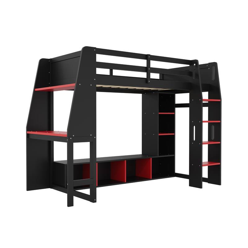 Black Gaming Loft Bed with Desk, Cabines Shelves, LED and Clothes Rack