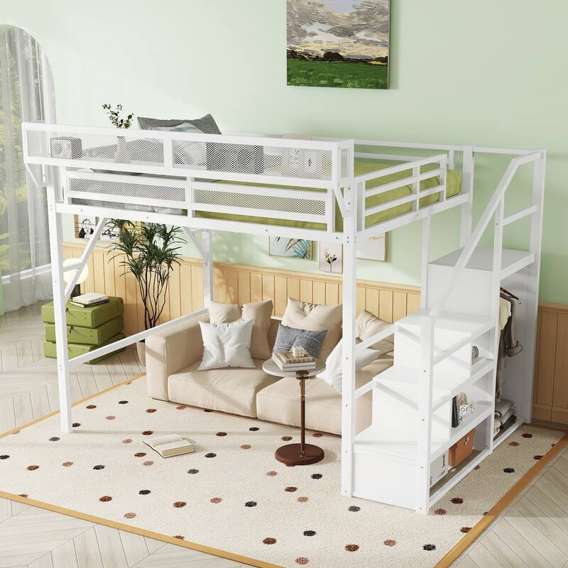 Queen Size Metal Loft Bed with Stairs, Storage Shelves, and Wardrobe for Kids and Teens
