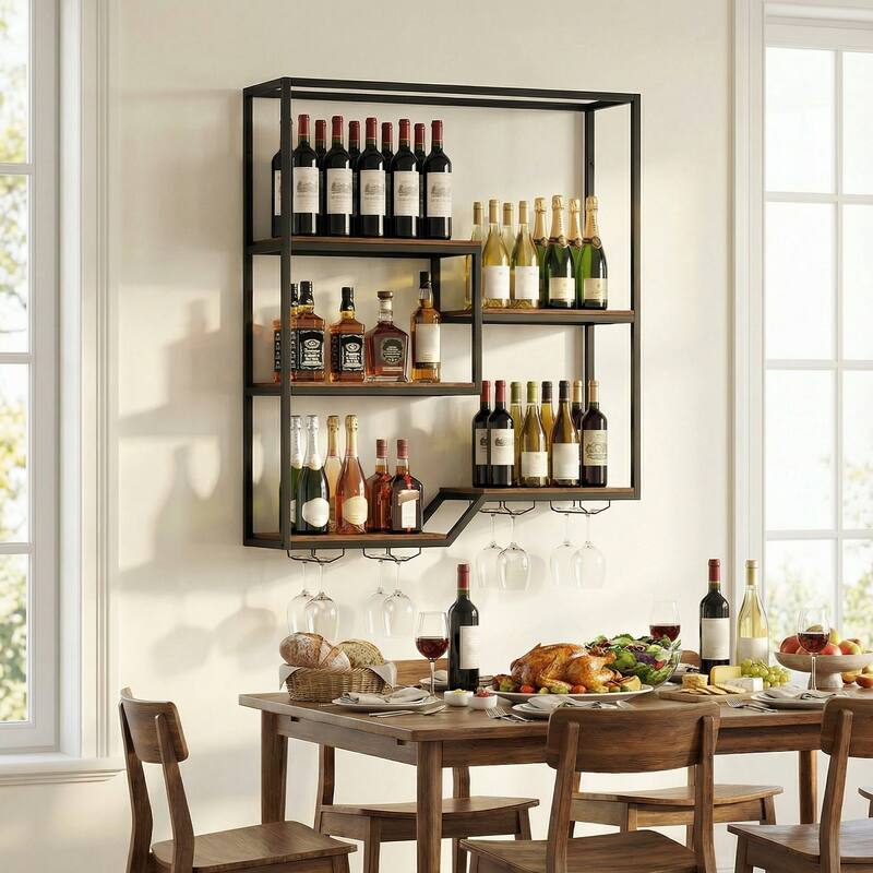 Gymax Wall Mounted Wine Rack 6-Tier Hanging Bar Shelf w/ Bottle