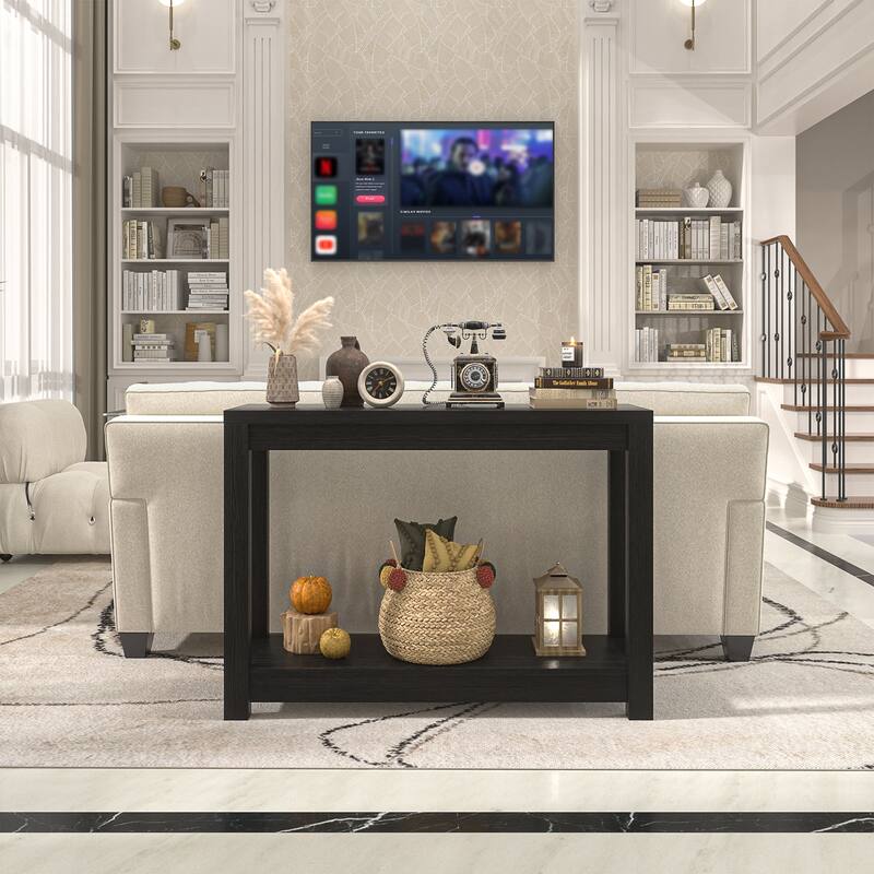 Farmhouse Black Thick Console Sofa Table, Wood Entryway Desk with Storage Shelf