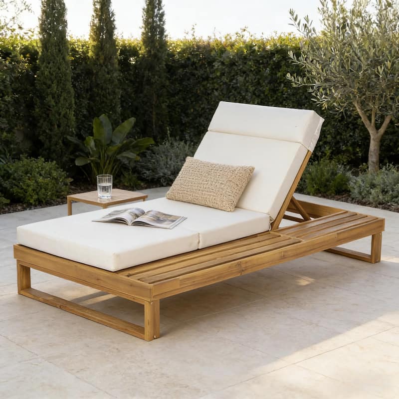 Christopher Knight Home - Modern Outdoor Acacia Wood Chaise Lounge with 4-Position Adjustable Backrest & 4-Fold Cushion - Teak Finish+Beige Cushion