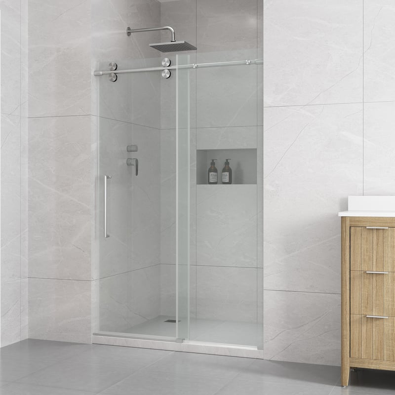 Reva Frameless Sliding Clear Alcove Shower Door Black - 48" - Satin Nickel