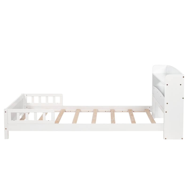 Twin Size Platform Bed with Bookcase, LED Motion Sensor Light, Optional Bed Guardrails