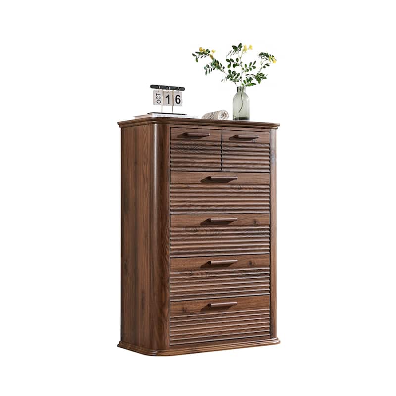 6 Drawers Dresser for Bedroom, 45" Tall Dresser with Curved Profile Design, Wood Fluted Chest of Drawers - Walnut