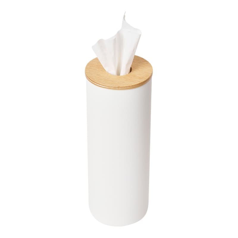Yamazaki Home Round Tissue Case, Steel and Wood, Large, Lid - L 3.62 x W 3.62 x H 9.37 inches - Ash