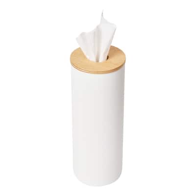 Yamazaki Home Round Tissue Case, Steel and Wood, Large, Lid - L 3.62 x W 3.62 x H 9.37 inches
