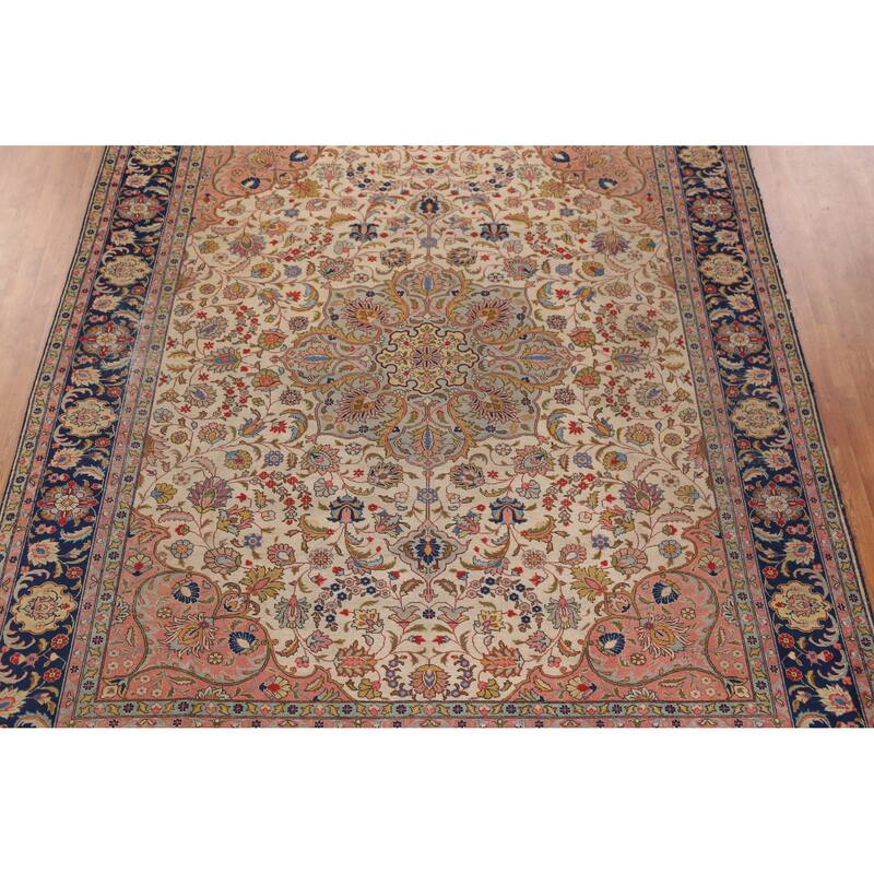 Hand Knotted Oriental 100% Wool Carpet Traditional Medallion Beige & Ivories Tabriz Area Rug - 12' 11'' X 10' 0''