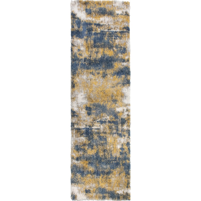 Noori Rug Lux Madison Abstract 2-Inch Shag Area Rug - 2'8" x 9'6" Runner - Blue/Gold