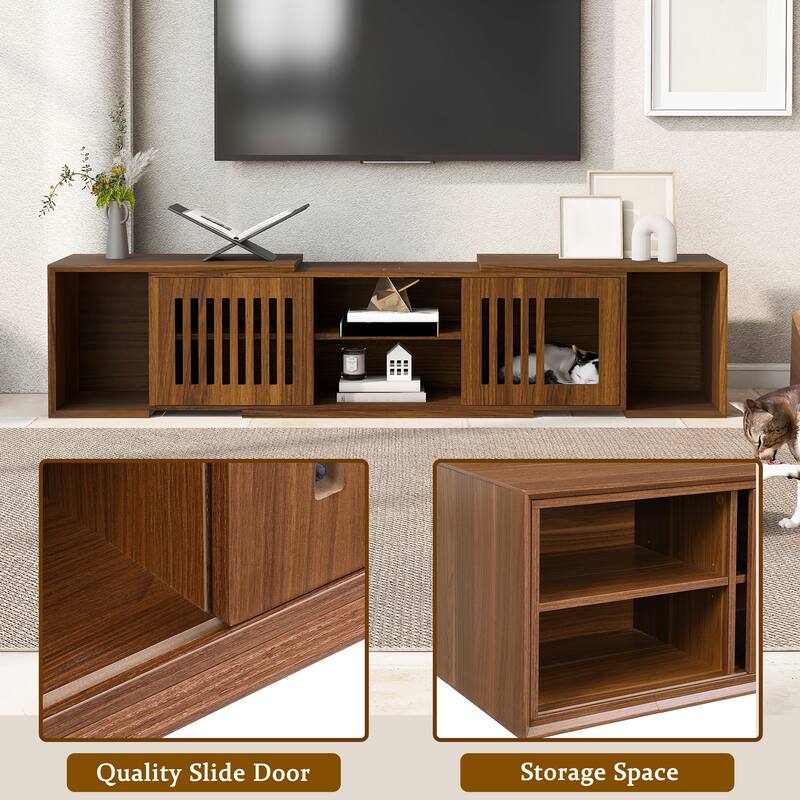Extendable TV Stand with Cat Cushion, Pet-Friendly Entertainment Center with Sliding Door, Wooden Media TV Console Table