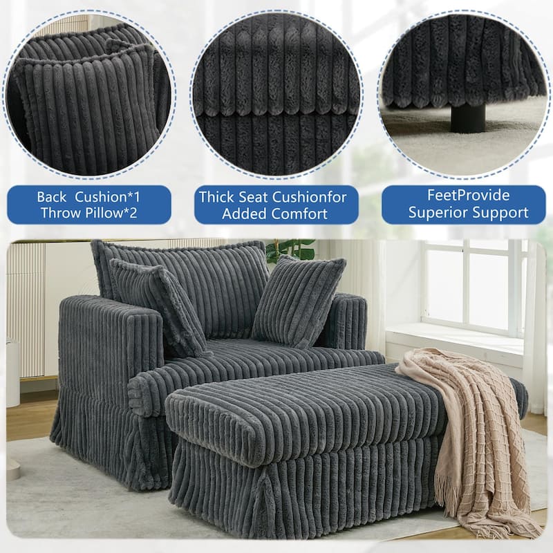Oversized Corduroy Reclining Chair Deep Seat Armchair Single Thickened Upholstered Sofa with Pillow and Ottoman