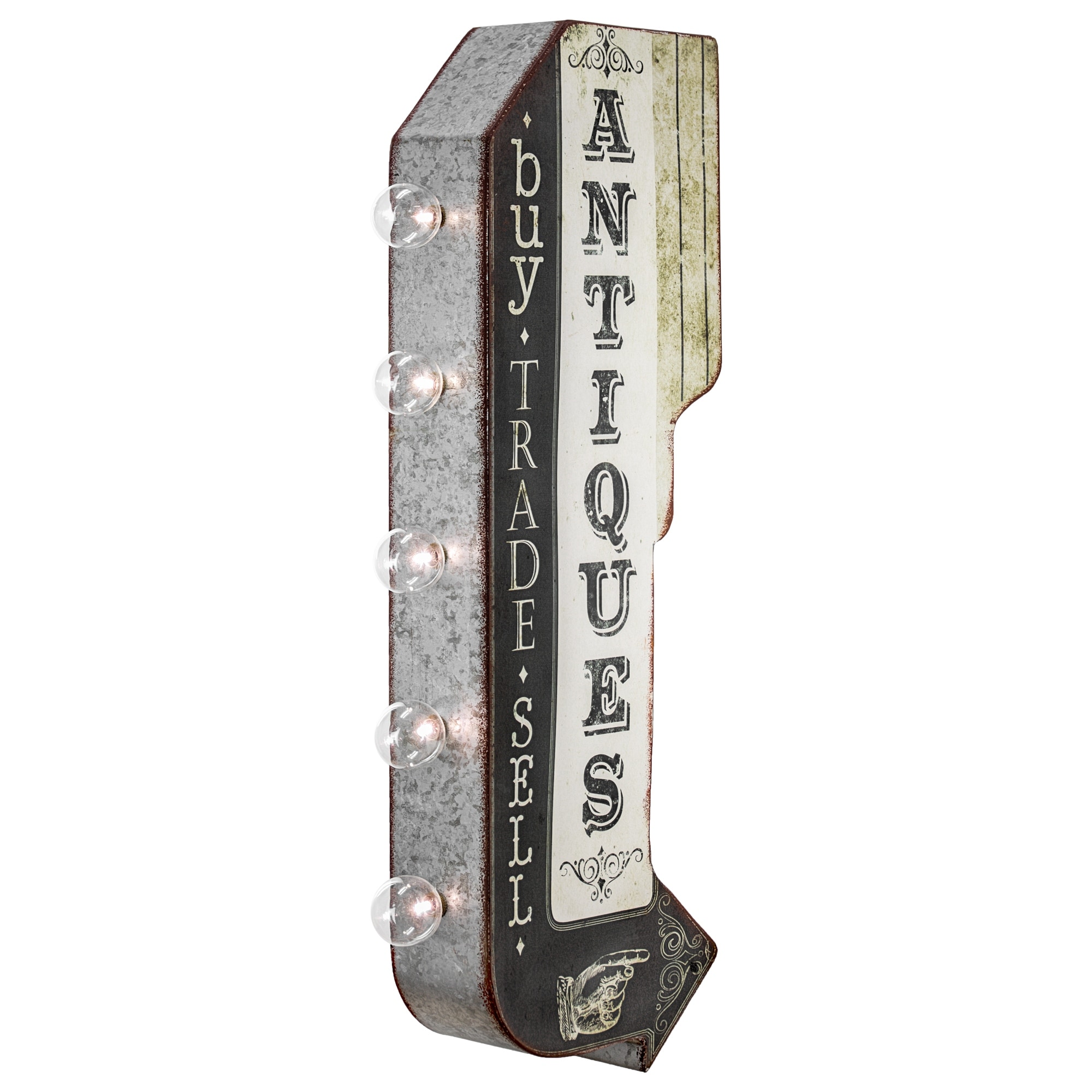 Antiques Buy Trade Sell Double Sided Off the Wall LED Marquee Light Up Arrow Sign for Bar, Garage or Man Cave