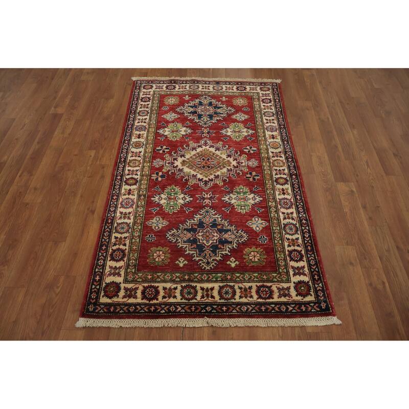 Hand Knotted Oriental 100% Wool Carpet Traditional Tribal Red Super Kazak Area Rug - 5' 0'' X 2' 11''