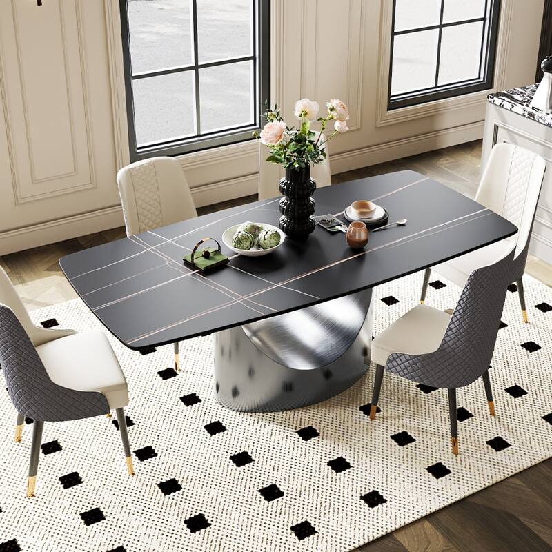 63"-94" Hobart Modern Dining Table with Rectangular Sintered Stone Tabletop and Carbon Steel Leg for 4-10