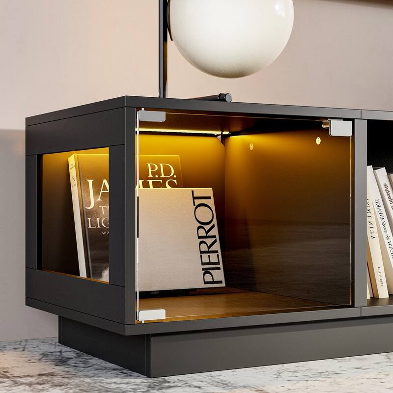 Modern Black Fireplace TV Stand Combo,Remote Fireplace Heater,2 Drawers,Light Strip & USB