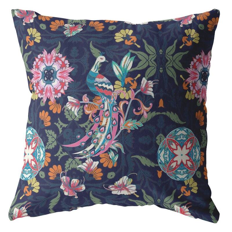 HomeRoots 16" Navy Pink Peacock Indoor Outdoor Throw Pillow