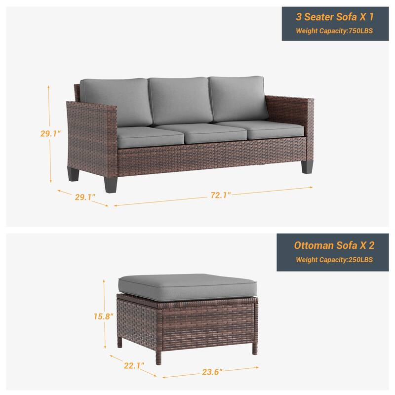 LIVOOSUN 3Pcs Patio Furniture Conversation Brown Rattan Patio Sofa Set