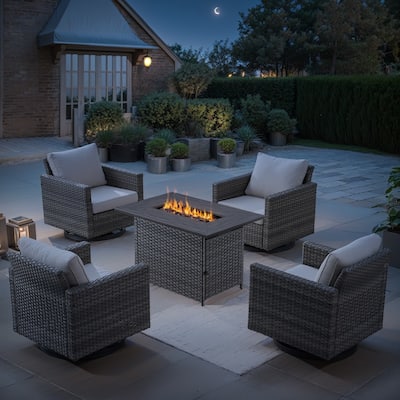 4 Outdoor Swivel Chairs with Fire Pit Table - Beige cushion - Grey