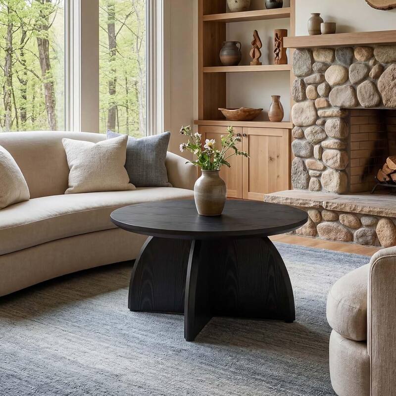 31.5 Inch Black Round Coffee Table, Simple Modern Low Center Table for Living Room Home Office, Sturdy & Easy Assembly