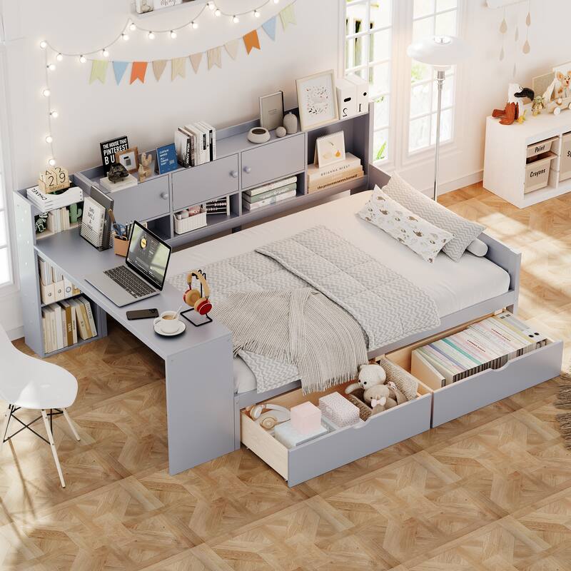 L-Shaped Daybed with Storage and Study Desk by Harper&Bright Designs - Grey - Full