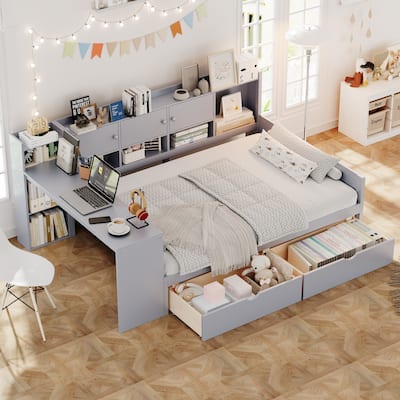 Wooden L-Shape Daybed Frame with Built-in Bookshelf & Adjustable Study Desk, Platform Bed with 3 Storage Cabinets, 2 Drawers