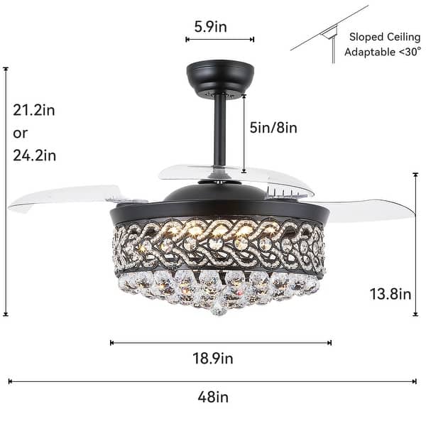dimension image slide 2 of 4, Kviflon 48'' Crystal Ceiling Fan with Lights and Remote 6 Speed, 3 Light Change Retractable Blades Chandelier Ceiling Fan