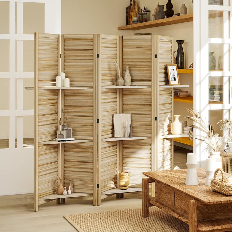 HOMCOM 5 Panel 67" Tall Wood Room Divider, Privacy Screen with 3 Display Shelves, and Folding Storage for Bedroom or Home Office - Walnut