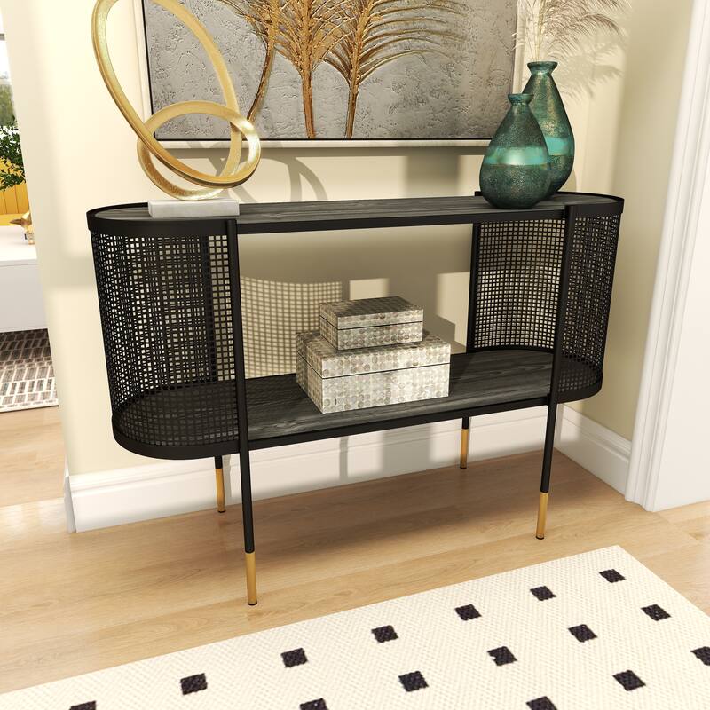 Black Metal Mesh Side Panel 1 Shelf Console Table with Open Center Storage
