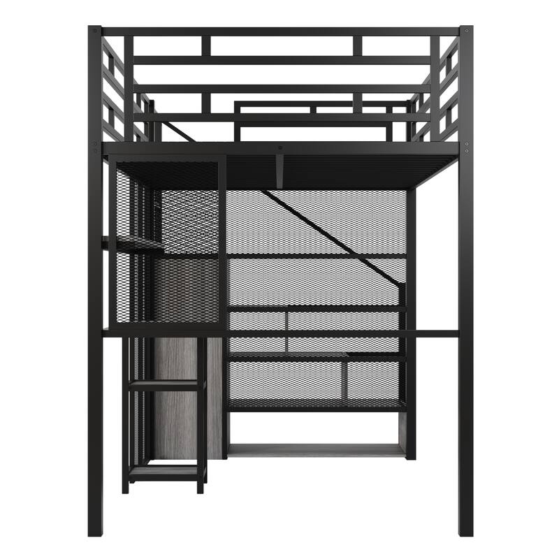 Full Size Metal Loft Bed with Wardrobe, Desk, and Storage Shelves