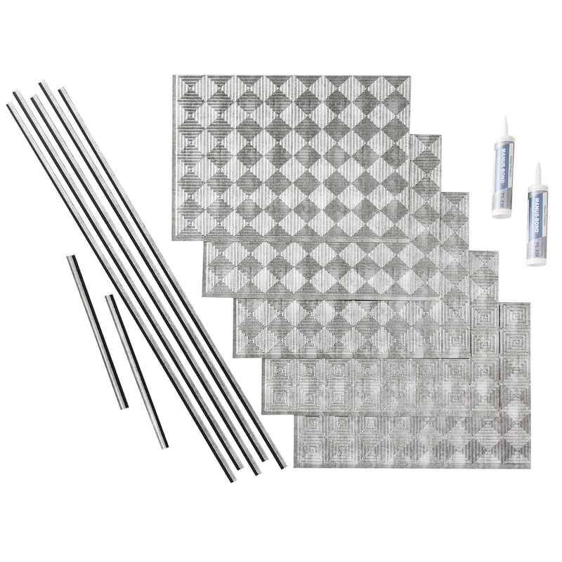 FASÄDE Miniquattro Decorative Vinyl Backsplash Panel - 15 Sq Ft Kit - Crosshatch Silver