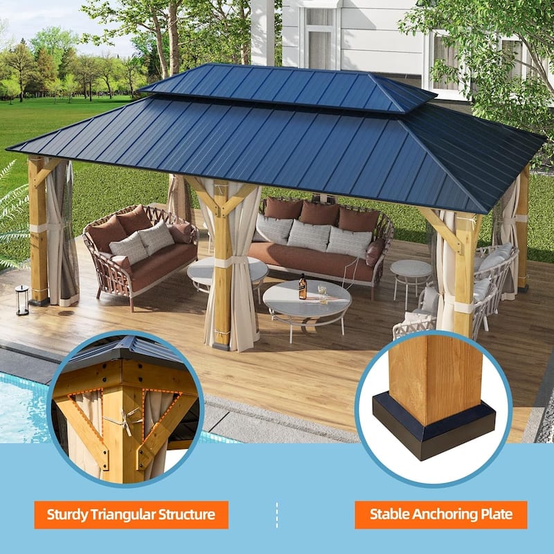 Hardtop Wood Gazebo for Patio, Outdoor Cedar/Spruce Pergola with Metal or Asphalt Roof, All-Weather Backyard Shelter
